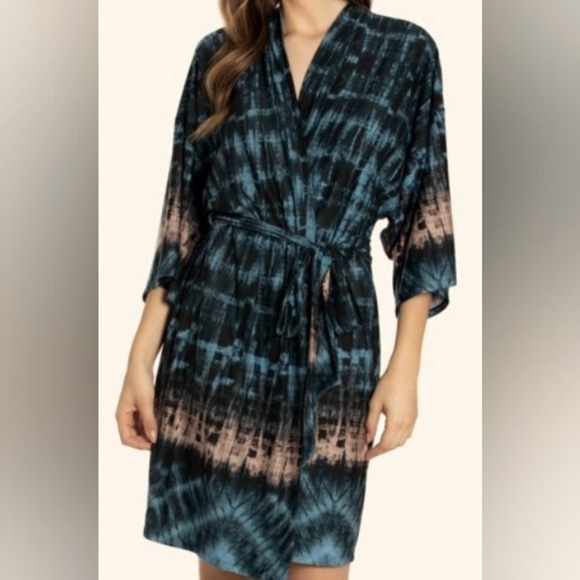LINEA DONATELLA Tie-Dye Wrap Robe Turquoise Size L/XL - Picture 5 of 6